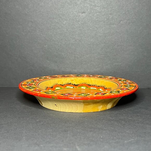 VTG Hand-Painted Round Wooden Folk Art Geometric Pattern Decorative Dish 4.5" - Picture 3 of 5